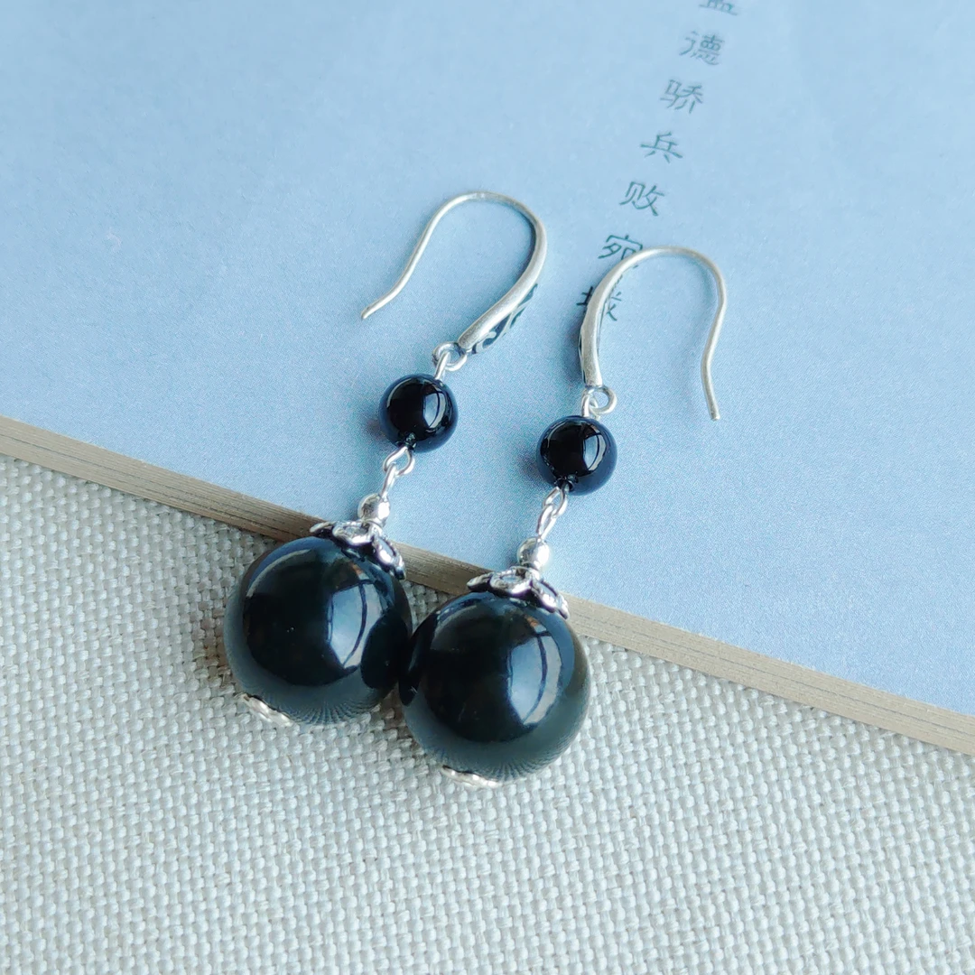 S925银天然和田玉墨玉14毫米双珠耳环长款银耳钩防过敏811334