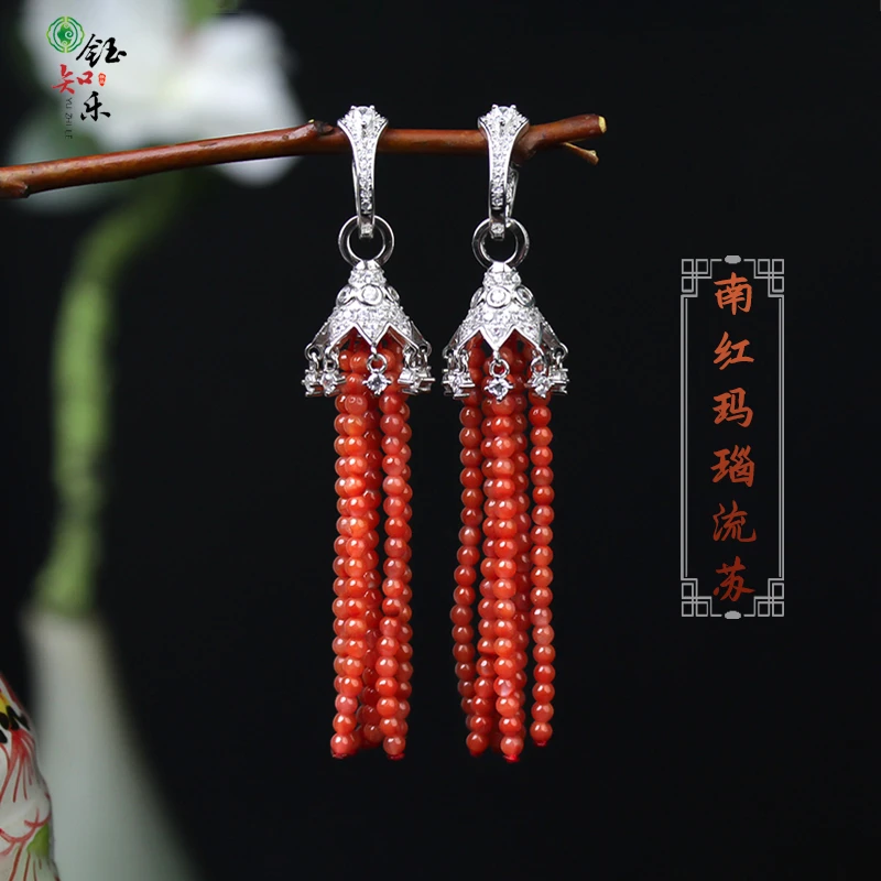 S925银南红玛瑙流苏款耳坠3毫米珠耳扣款耳坠811646