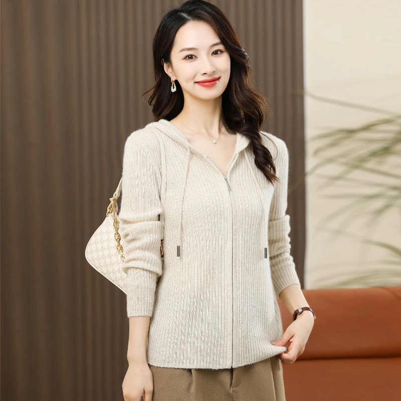秋冬高级感连帽针织衫女装内搭打底拉链毛衣羊绒衫卫衣慵懒风上衣