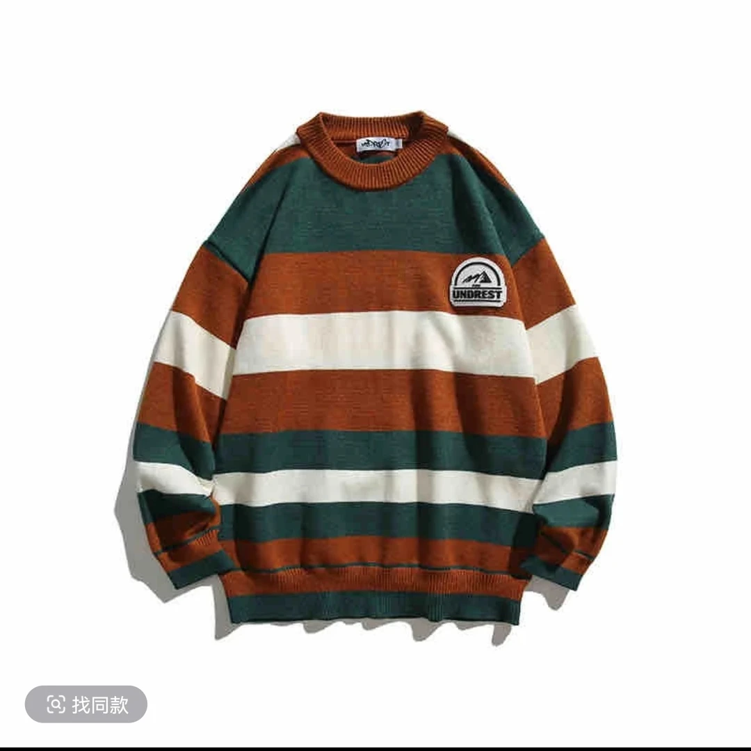 【懿亮】日系复古撞色条纹套头毛衣情侣百搭宽松秋季针织圆领毛衣