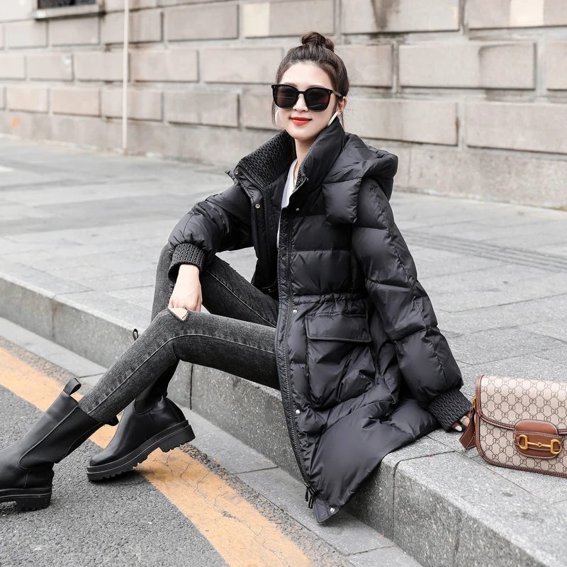 冬季新款时尚保暖羽绒服女中长款连帽宽松显瘦休闲加厚大码外套