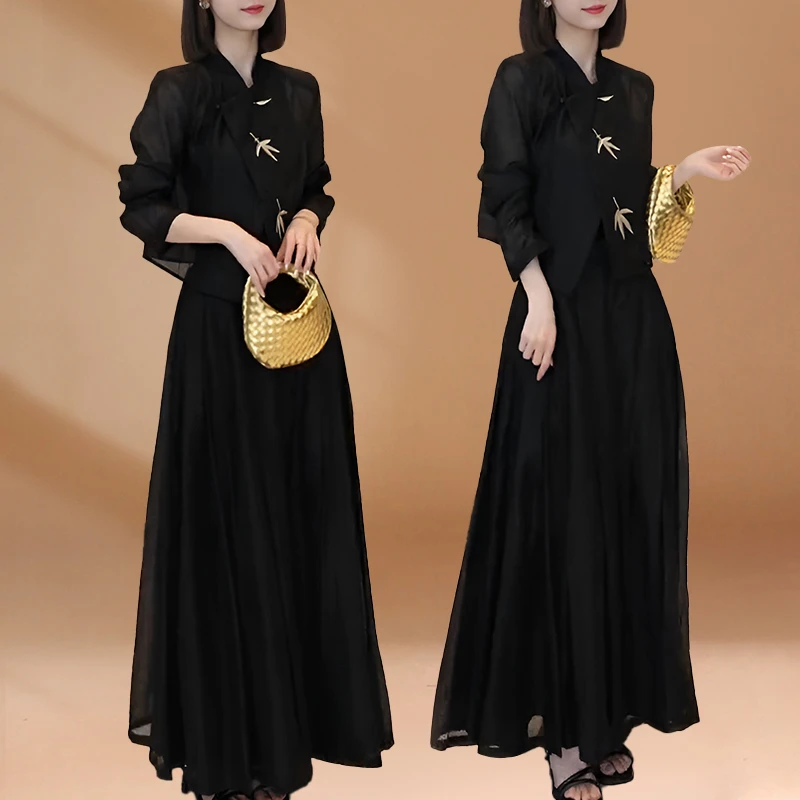 夏季茶系穿搭一整套显瘦新中式国风套装盐系轻熟上衣半身裙两件套