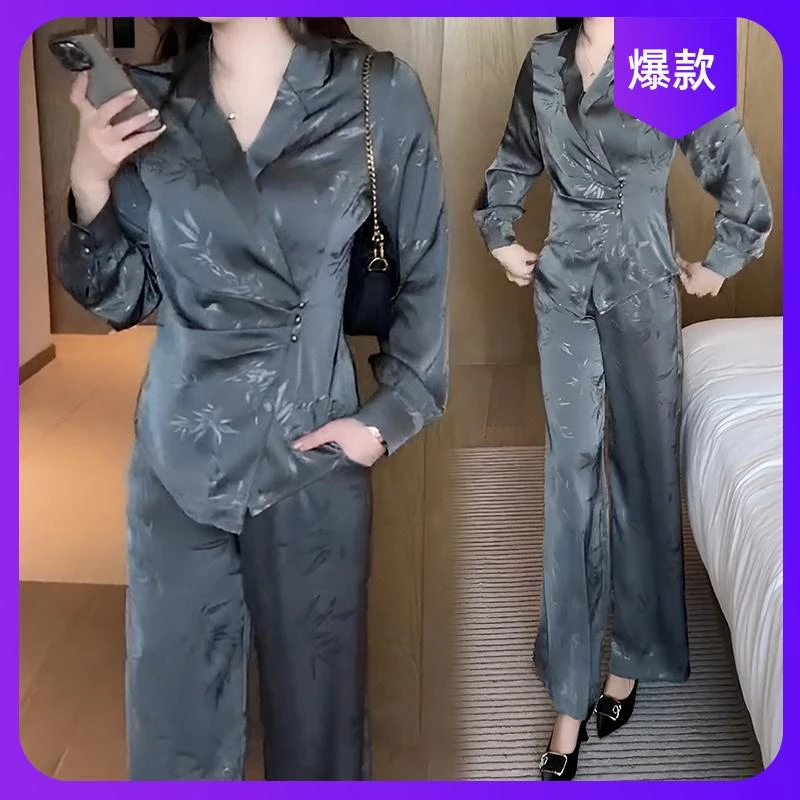 2025春秋新款新中式时尚套装女气质收腰显瘦印花上衣阔腿裤两件套