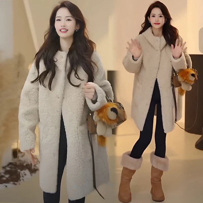 2025秋冬季新款慵懒风宽松大口袋连帽单排扣加厚保暖外套上衣女