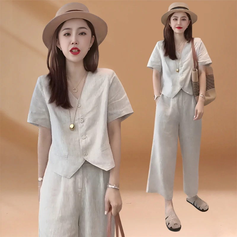 夏季气质套装法式复古风v领单排扣短袖衬衫松紧腰阔腿裤两件套女