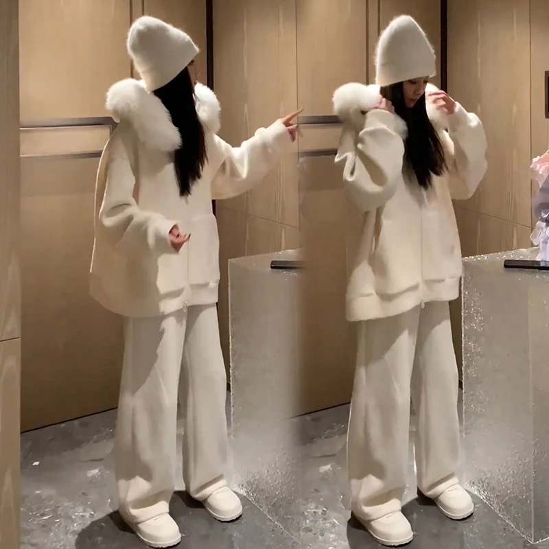 冬季新款休闲毛绒套装高级感大毛领加厚宽松外套阔腿长裤两件套女