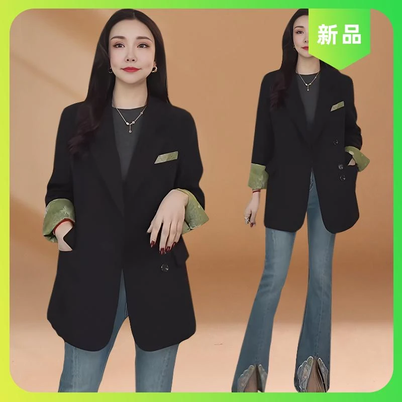 2025年春秋新款中长款双排扣西装女国风气质百搭宽松休闲外套上衣