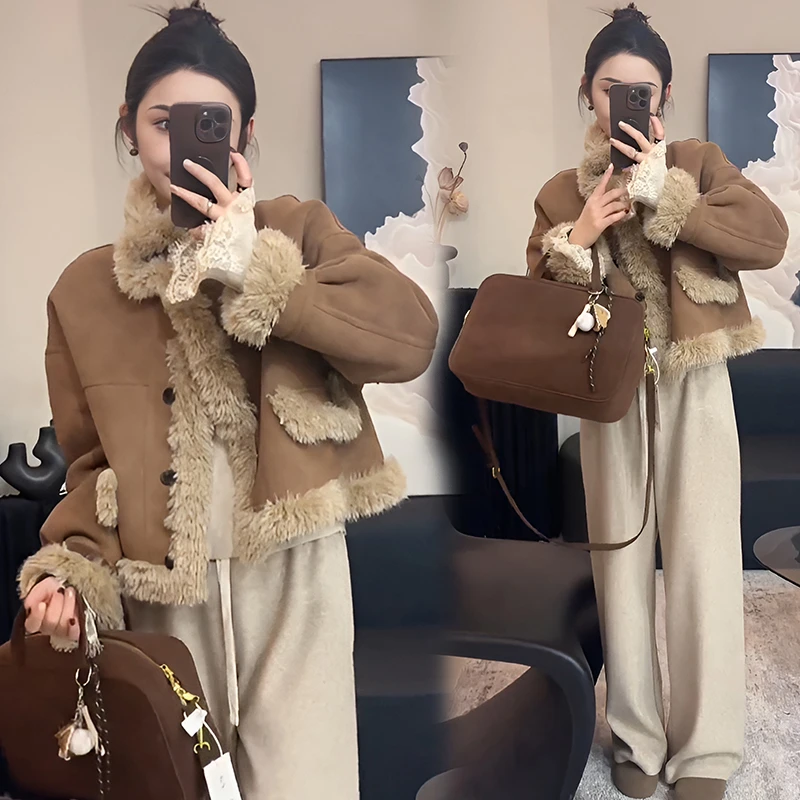 高级感时尚加厚毛毛皮毛一体外套女2025冬季新款韩系复古机车服
