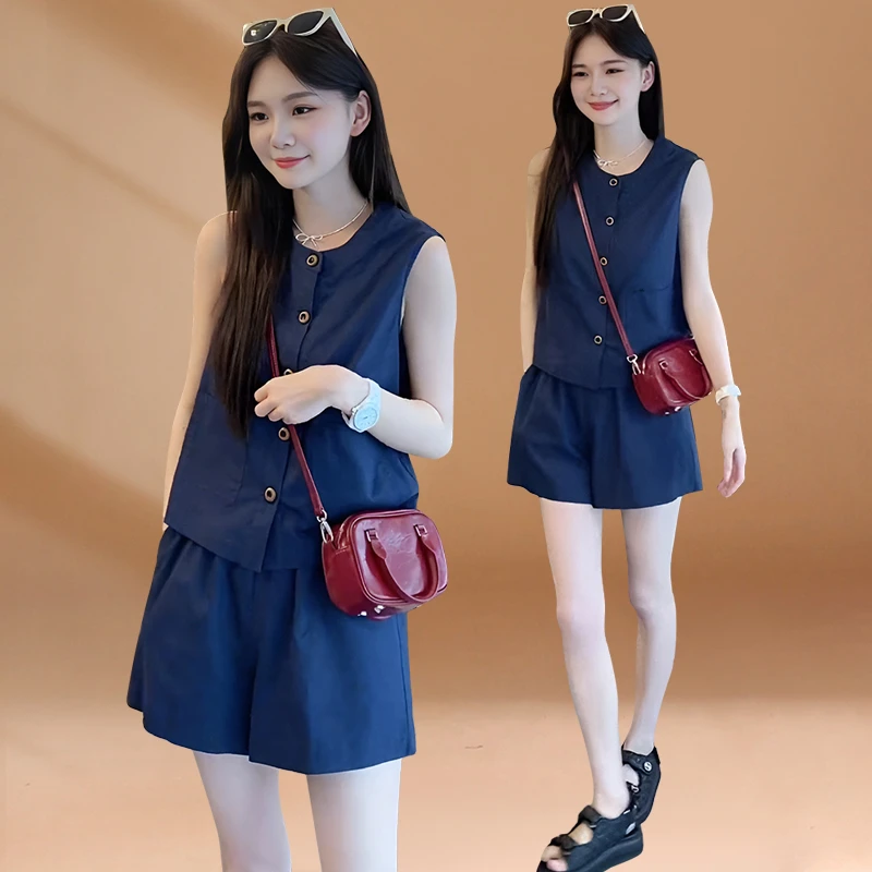 松弛感套装气质背心上衣+显瘦松紧腰短裤时尚两件套装2025夏新款