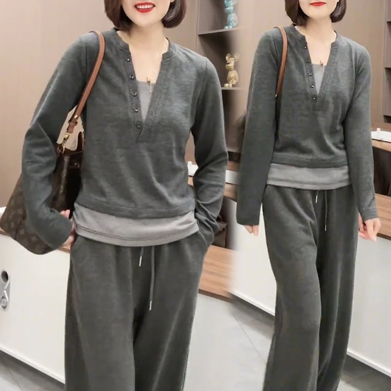 2025春秋新款减龄休闲假两件长袖上衣松紧腰阔腿裤拖地裤套装女潮