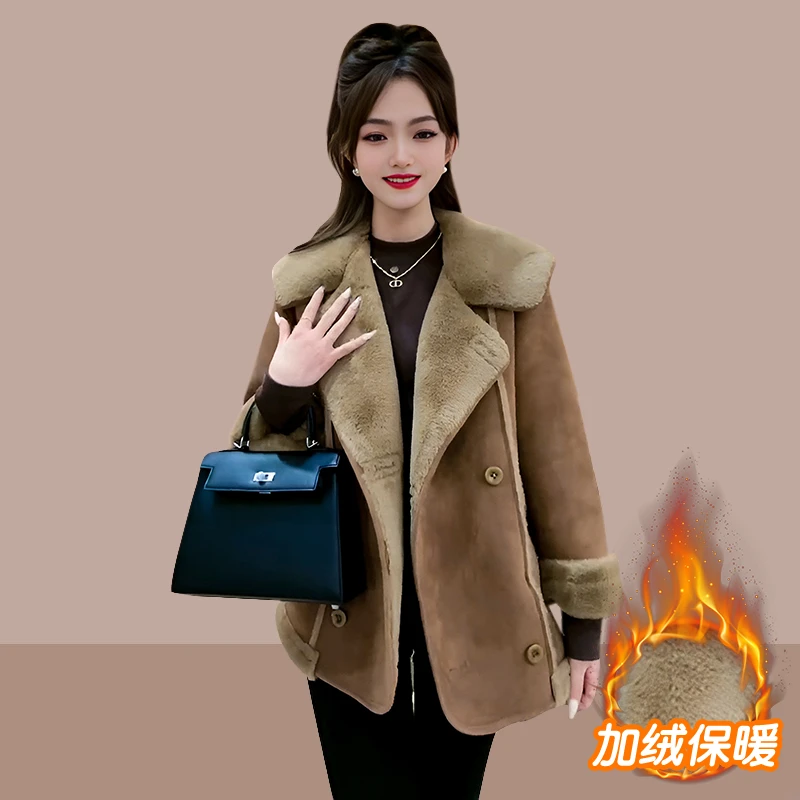 2025冬季新款定制高级感时尚翻领洋气皮毛一体机车外套女大衣百搭