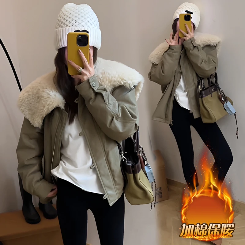 设计感毛毛拼接皮毛一体外套女2024新款大翻领加棉保暖棉服上衣潮