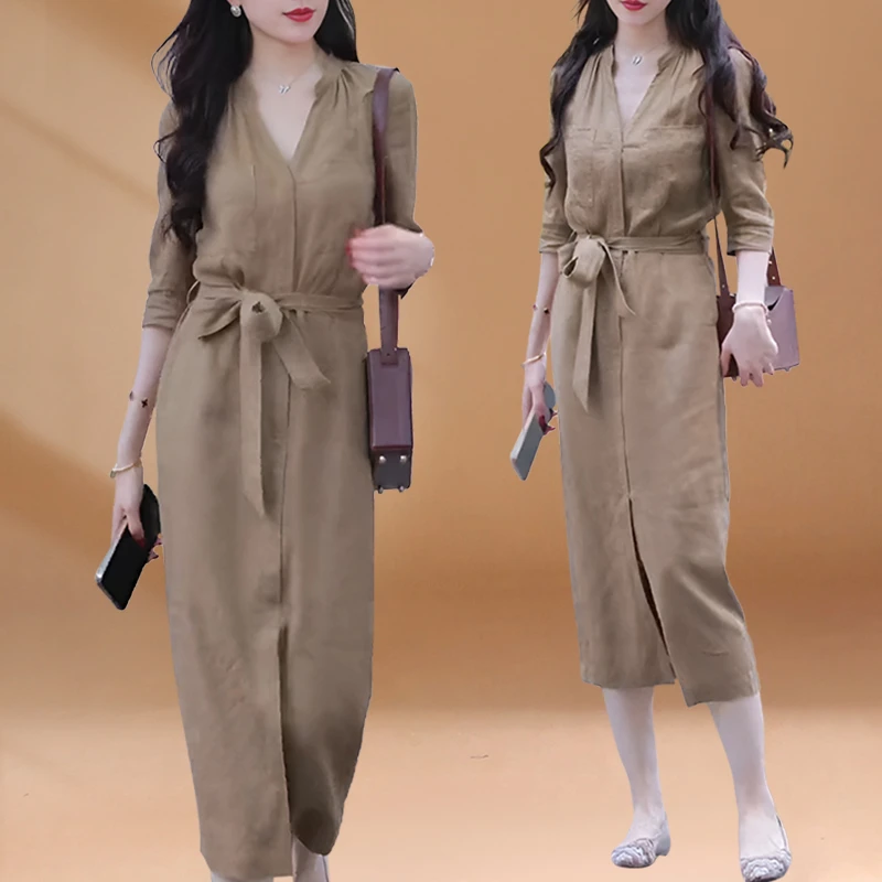 茶歇法式长裙气质显瘦女神范小众独特高冷御姐风卡其色连衣裙夏季