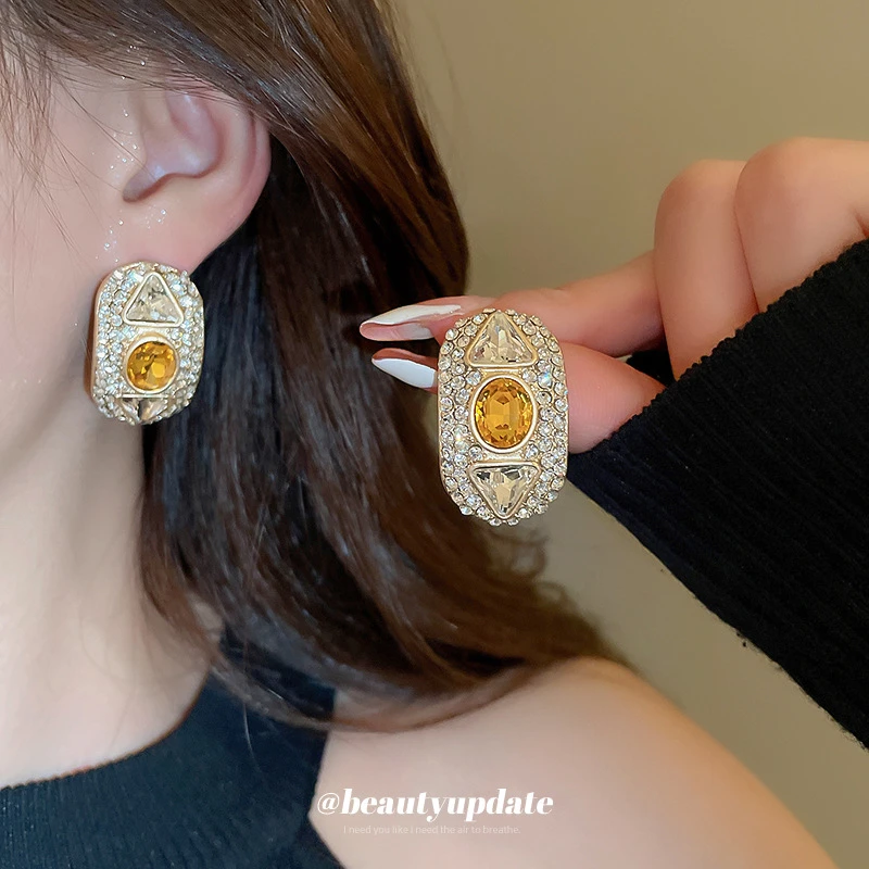 合金仿水晶耳饰 三角椭圆耳钉中古vintage轻奢耳环复古耳饰女