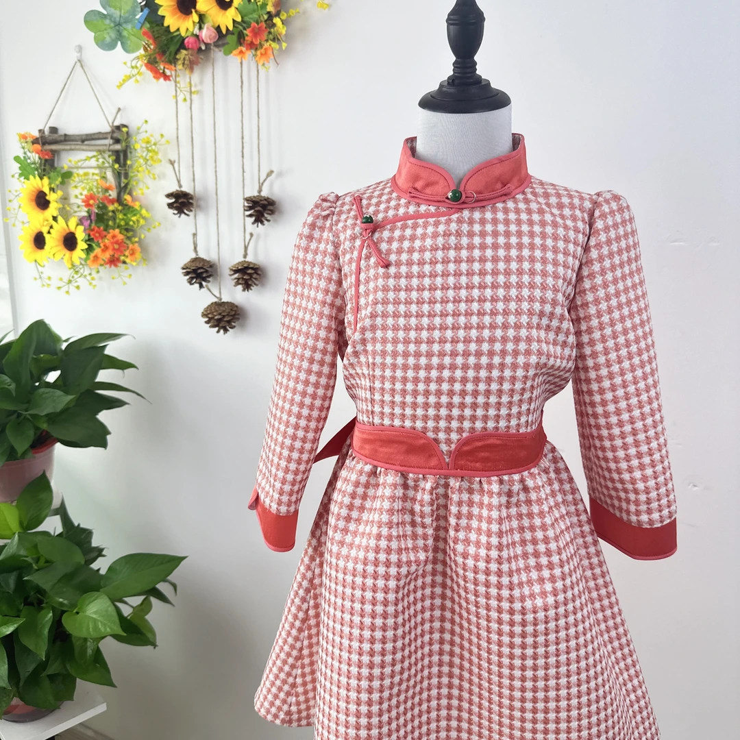 【德利源】D0536#改良民族服饰千鸟格儿童连衣裙七分袖民族风童装