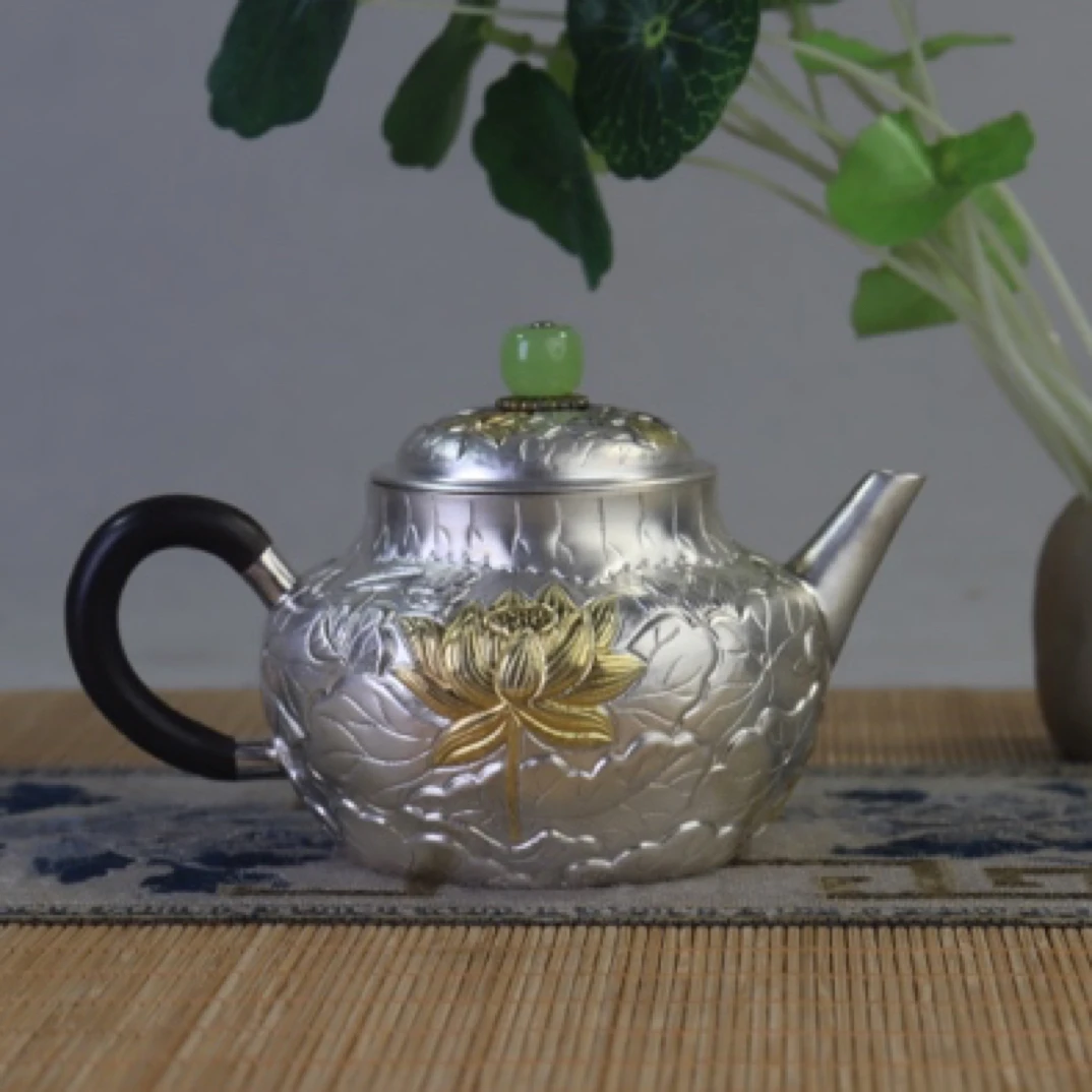 满工荷花功夫银茶具家用礼品木柄银茶壶全手工雕刻