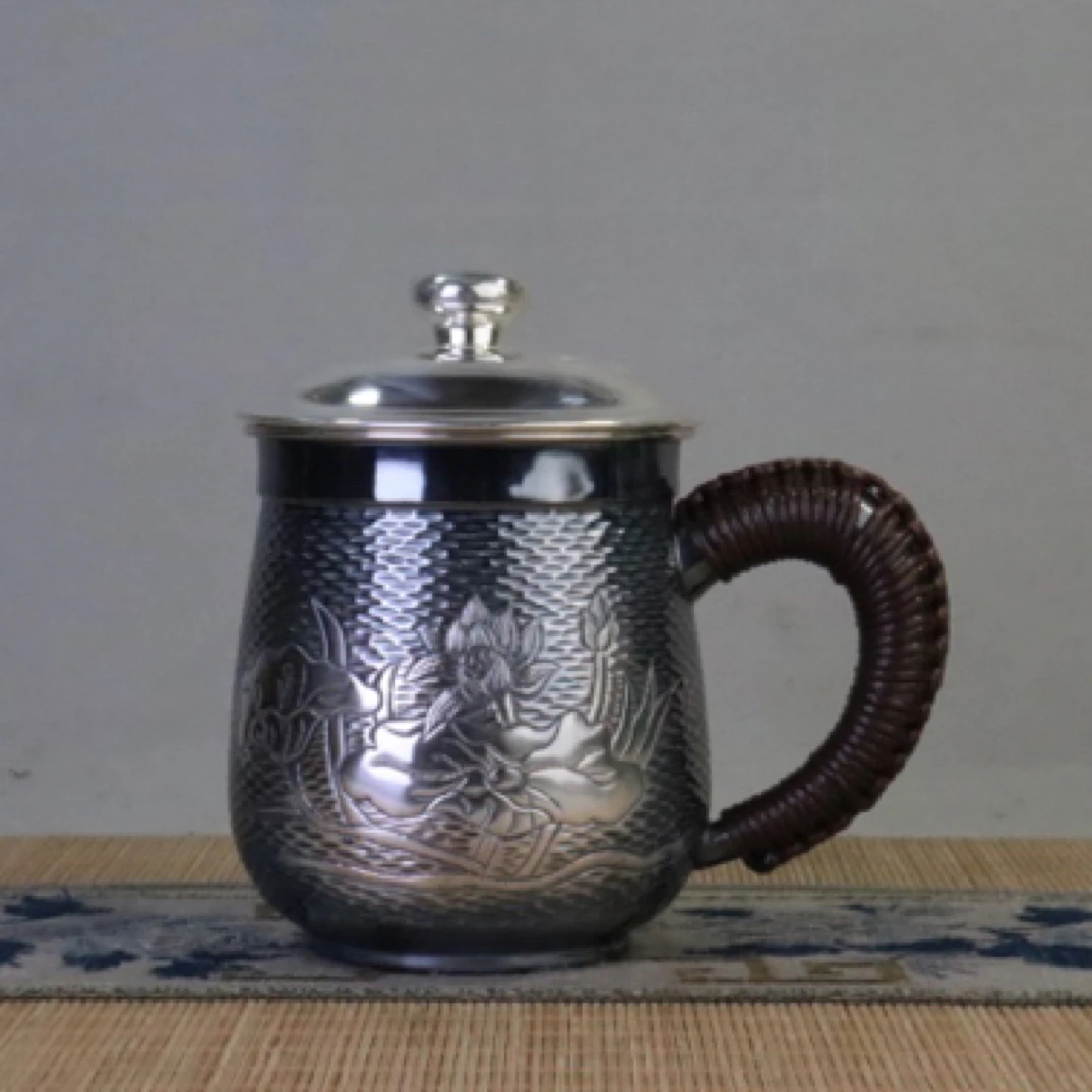 手工复古荷花银马克杯足银999茶缸老板杯纯手工家用水杯