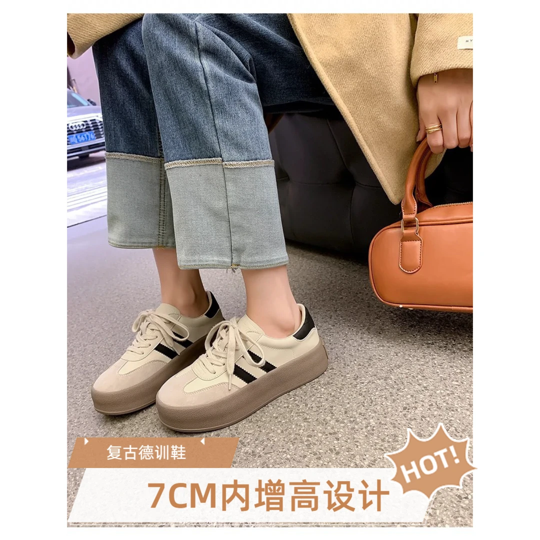 内增高真皮复古德训鞋女2024春秋新款厚底小白鞋休闲运动鞋板鞋