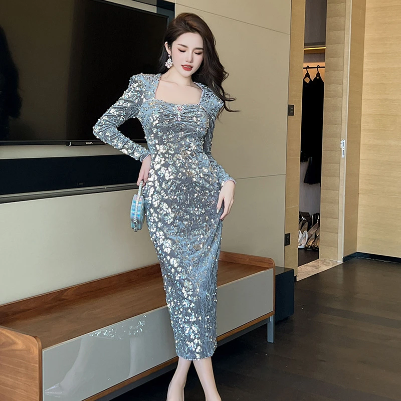 2025春装新款财阀千金礼服裙方领灰色亮片修身长款连衣裙女21028