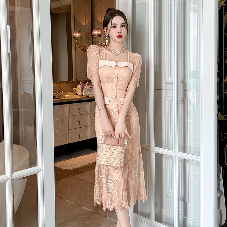 2025/夏季新款气质轻奢优雅名媛小众蕾丝修身收腰显瘦连衣裙20588
