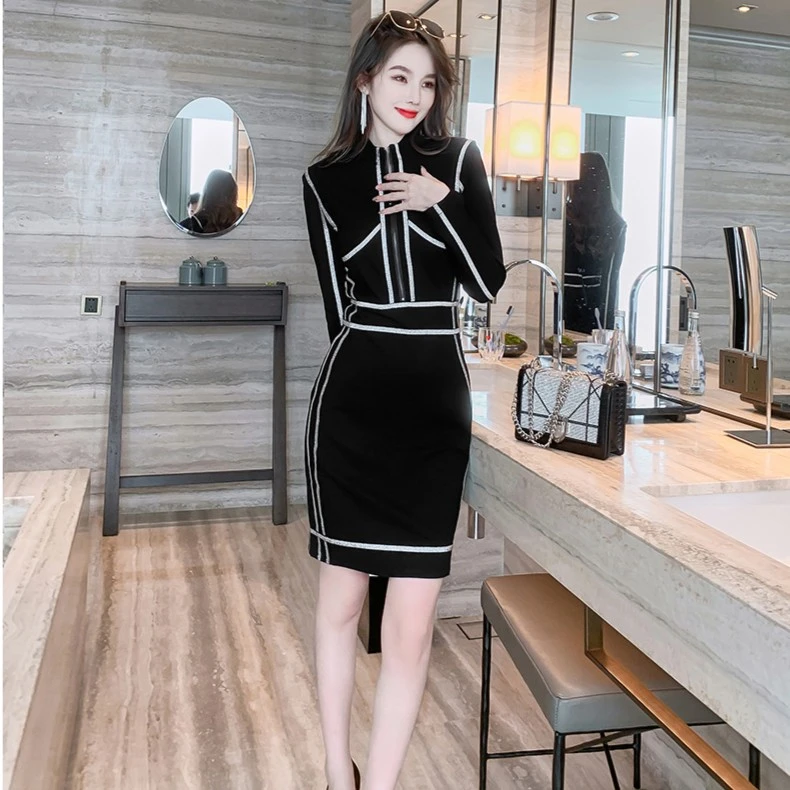 秋冬新款女装优雅时尚气质黑白拼接修身显瘦包臀连衣裙5488