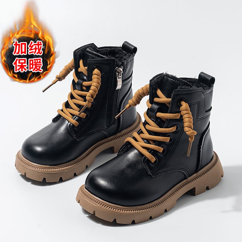 女童加绒马丁靴2023秋冬新款厚底圆头短靴保暖靴子男童系带皮靴