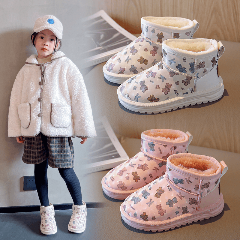 女童保暖小熊雪地靴2023冬季儿童加绒加厚棉鞋中大童男童皮面短靴