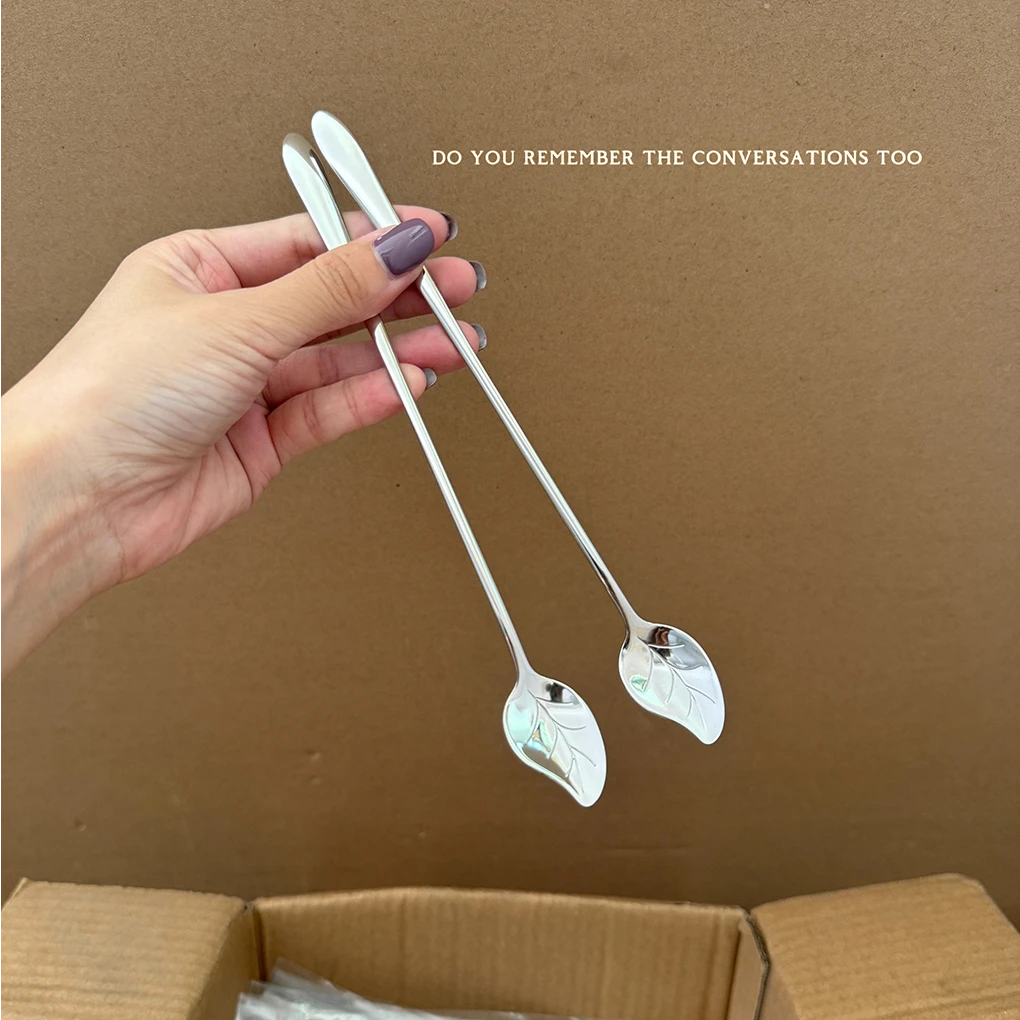 米诺家304钢长柄搅拌勺加长甜品勺调羹冰更奶茶蜂蜜树叶款搅拌勺