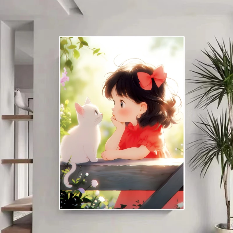 猫咪女孩十字绣2024新款绣客厅卧室餐厅小清新卡通人物简单新手绣