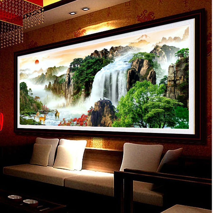 蒙娜丽莎旭日东升十字绣2023新款线绣客厅大幅流水生财风景山水画