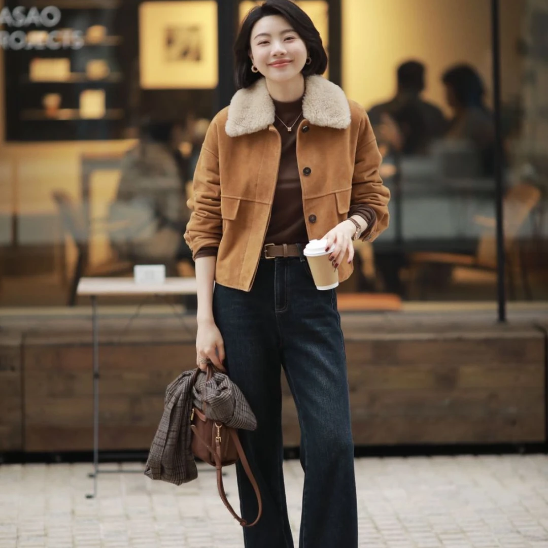 【短视频】karida【曼乐之城】反绒面羊皮可拆卸大毛领老钱外套