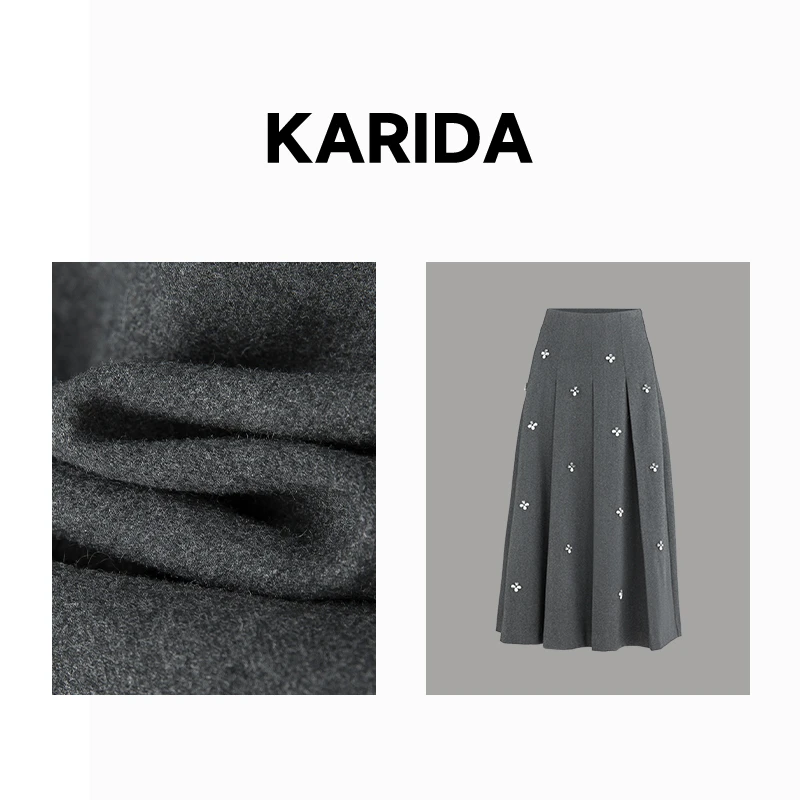 短视频珂芮达Karida【浪漫笔记】新款钉珠长半裙毛呢百褶裙显瘦高腰