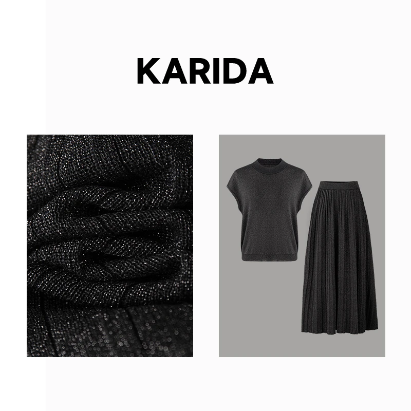 Karida【短视频】珂芮达【星河点点】落肩短袖压褶伞摆半裙针织套装