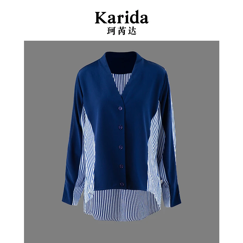 珂芮达Karida【蒹葭】新款条纹牛仔蓝桑蚕丝衬衣撞色拼接宽松时尚