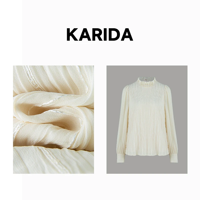珂芮达Karida【萨宾娜】25春新品木耳边圆领蕾丝织带长袖衬衫上衣