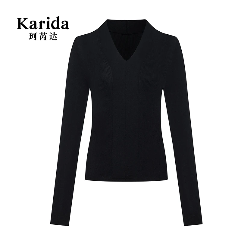 珂芮达Karida【请卿来】简约时尚百搭显瘦V领黑色修身女士羊毛上衣
