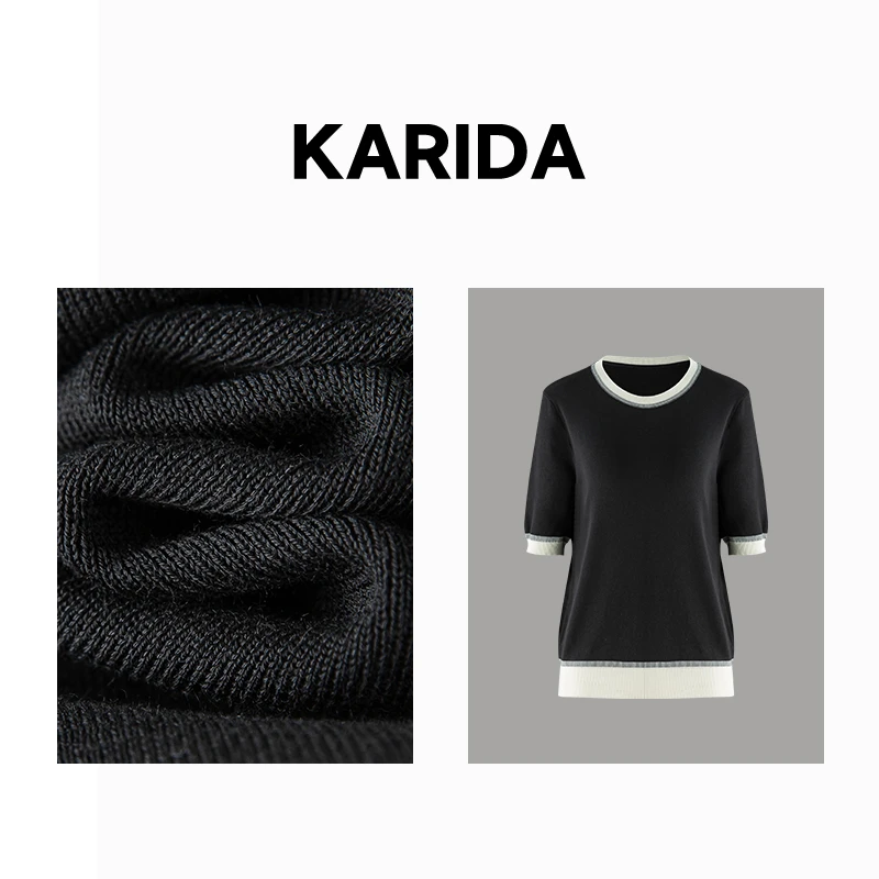 【短视频】Karida珂芮达【香派南法】线条撞色圆领短袖三醋酸针织衫