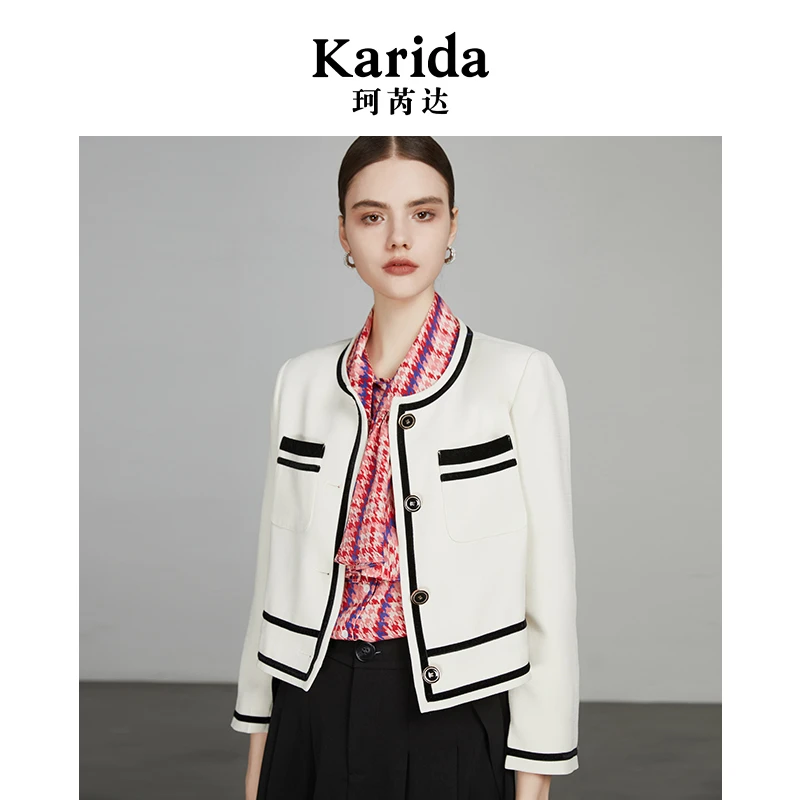 短视频珂芮达Karida【白茶黎香】时尚气质撞色白色小香风外套长袖
