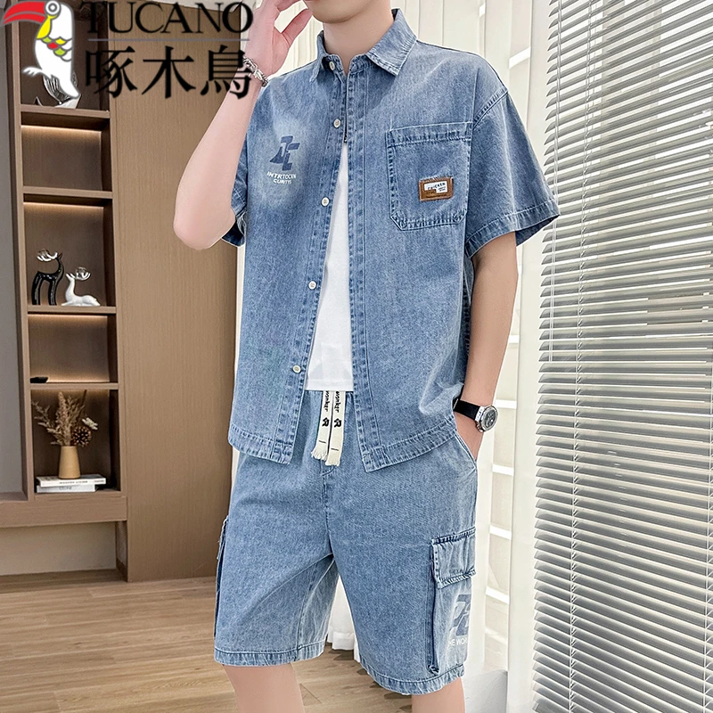 啄木鸟牛仔套装青少年男士夏季薄款短袖衬衫宽松外穿衬衣工装短裤