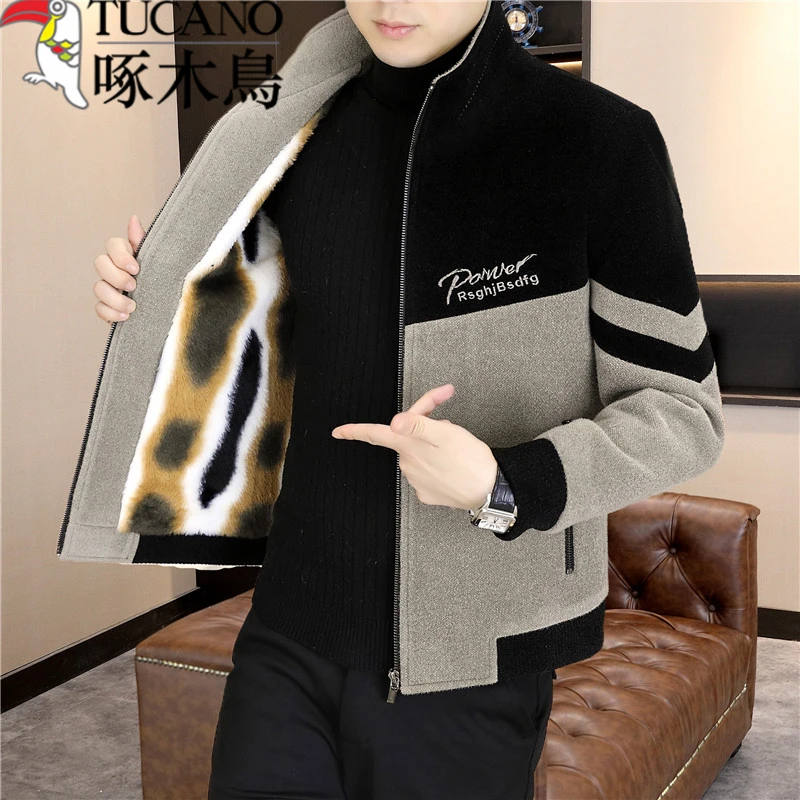 啄木鸟秋冬毛呢男夹克拼接休闲加绒加厚保暖立领呢子万针刺绣外套