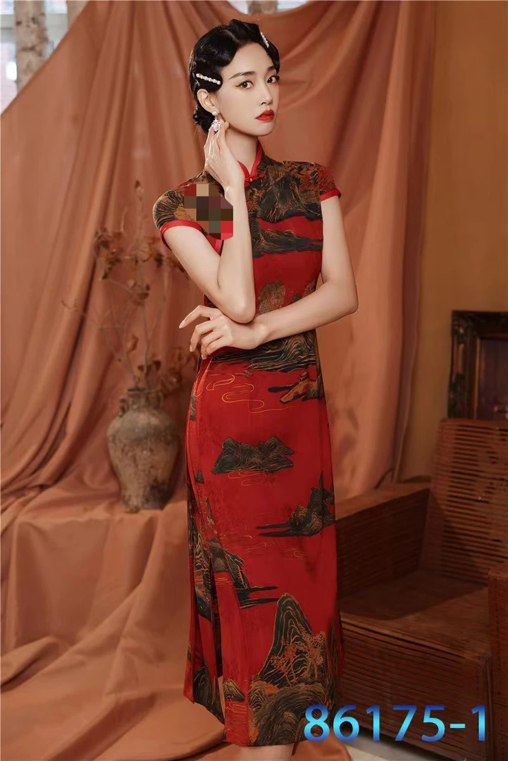 2023夏季新款高品质改良重工款蕃茄红奥代旗袍