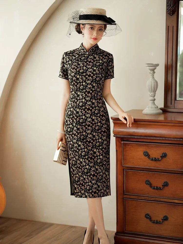 夏款针织气质复古小碎花旗袍