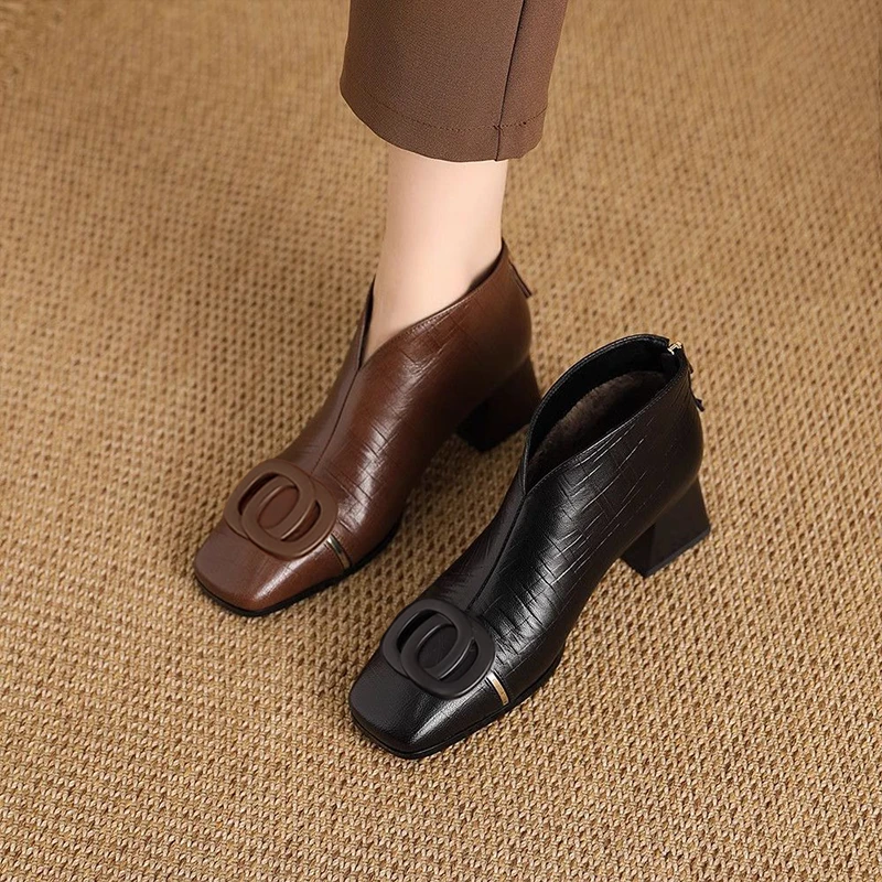 及踝靴粗跟方头短靴春秋女士真皮气质百搭棕色英伦风美拉德皮靴