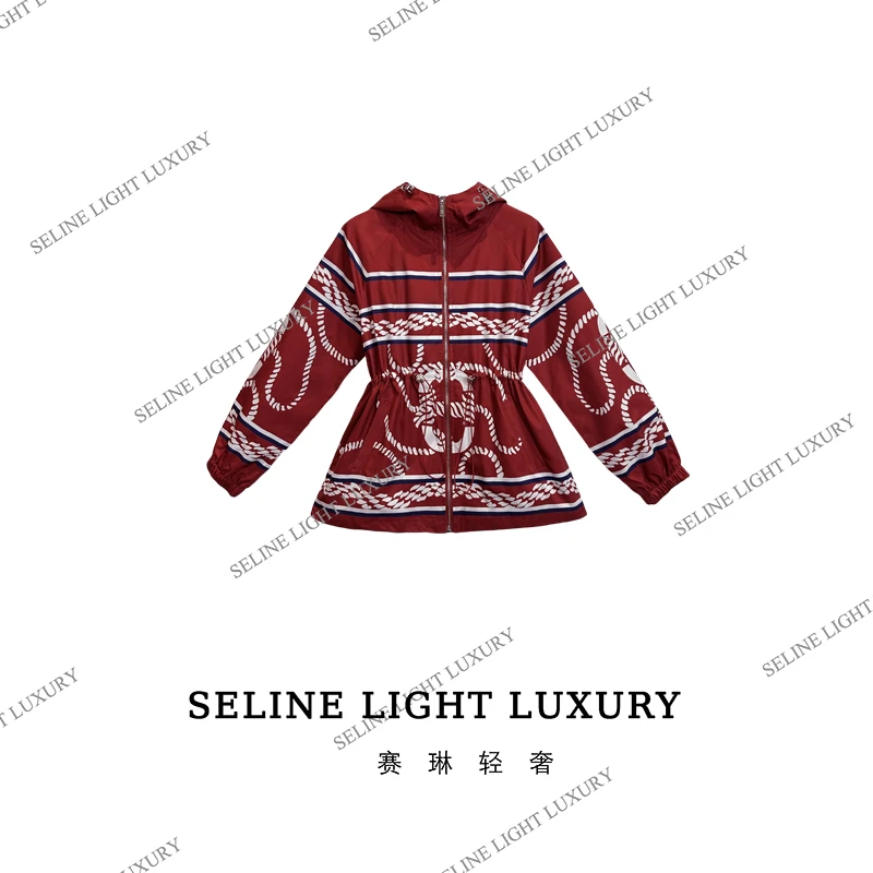 【24XQ-24】2024 SELINE 秋季红色复古图腾印花收腰连帽风衣外套