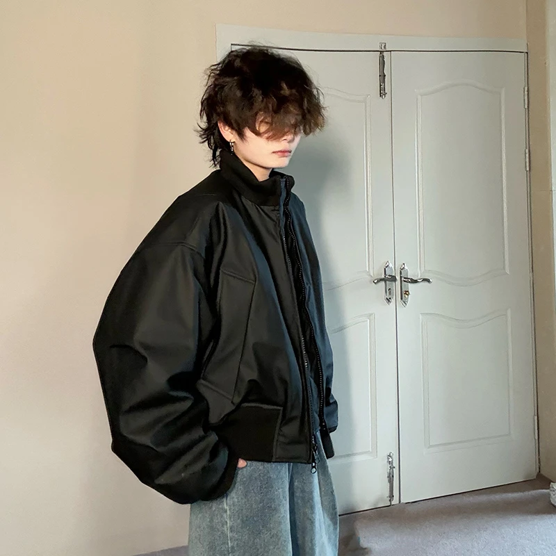 PU皮棉服短款外套男女冬季螺纹立体剪裁情侣宽松潮流保暖立领棉衣