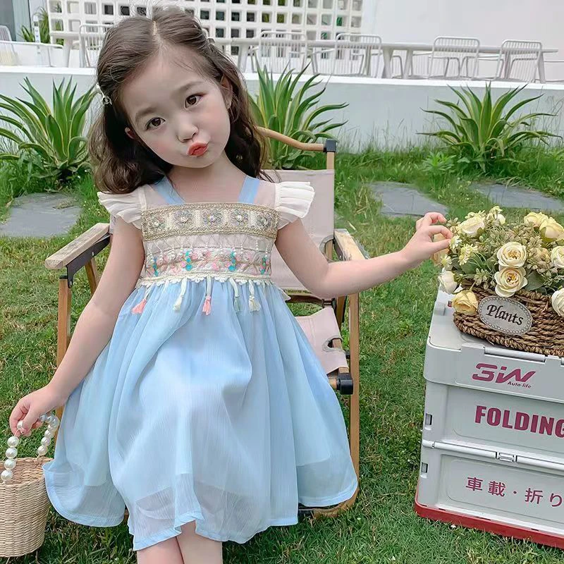 儿童裙子女童夏季纱裙中国风洋气汉服公主裙小女孩韩版无袖刺绣