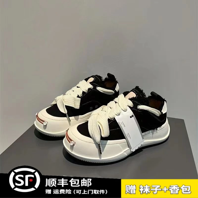 檀健次同款开口笑厚底帆布鞋女2023秋冬低帮时尚休闲百搭乞丐鞋潮