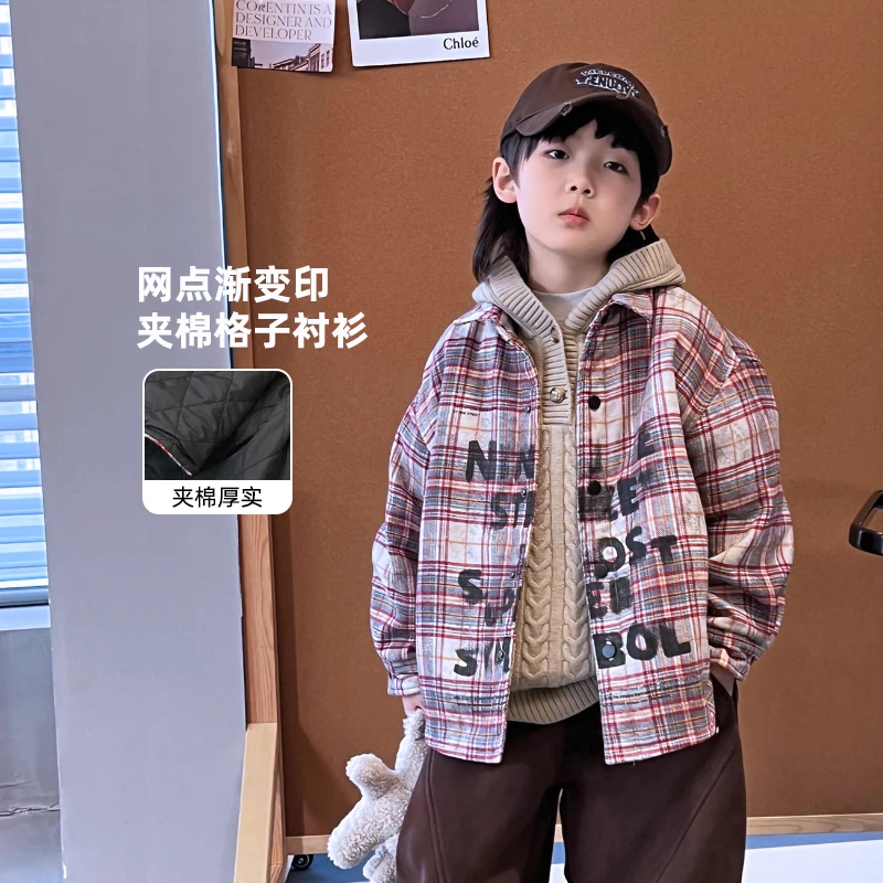AIAIJKIDS【粉格调】男童翻领格纹夹棉衬衫儿童外套上衣  411613O1