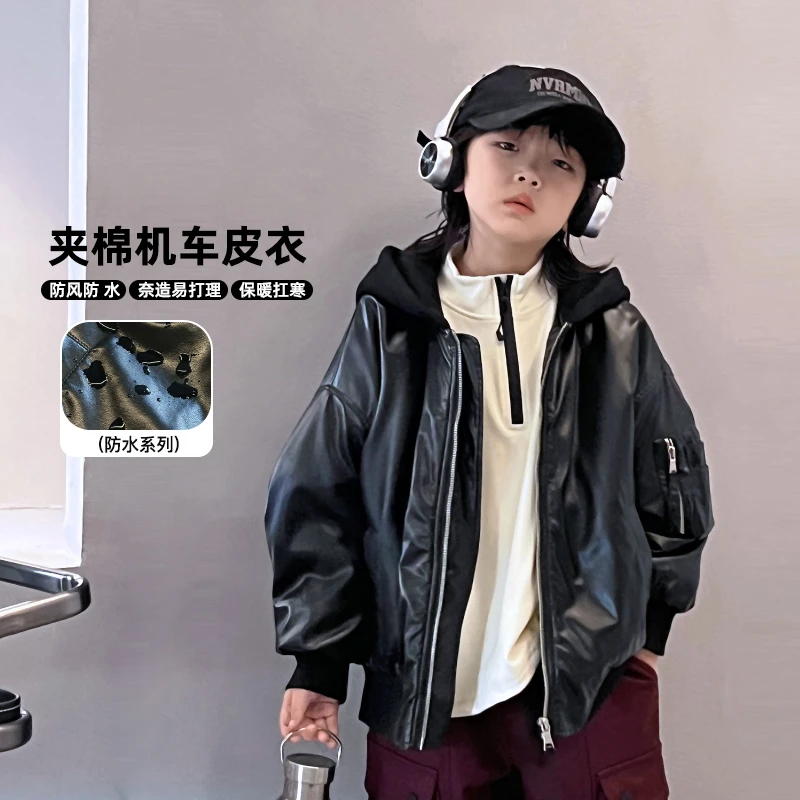 男童萌娃皮衣外套机车棉服儿童夹克御寒黑色夹棉保暖 4109679O8
