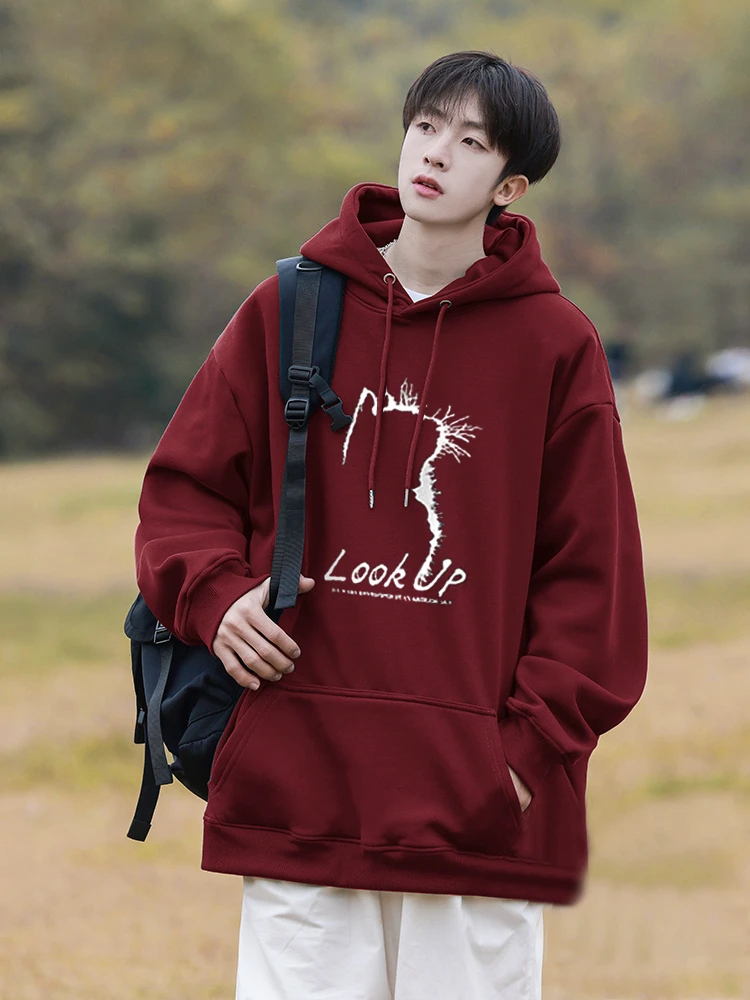【重磅华棉】秋冬新款红色连帽潮流国潮韩版美式复古潮流男长袖卫衣